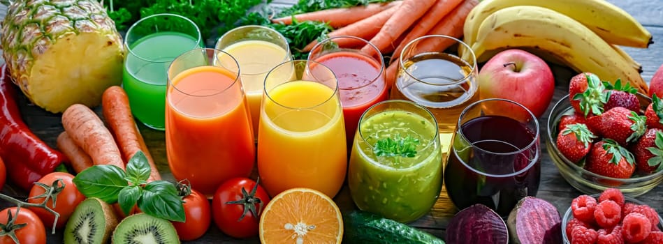 Glasses with fresh organic vegetable and fruit juices. Detox diet