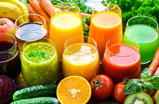 Glasses with fresh organic vegetable and fruit juices. Detox diet