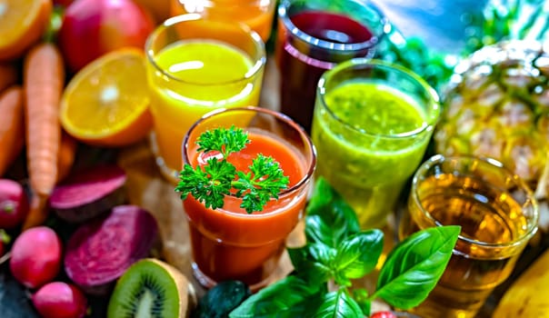 Glasses with fresh organic vegetable and fruit juices. Detox diet