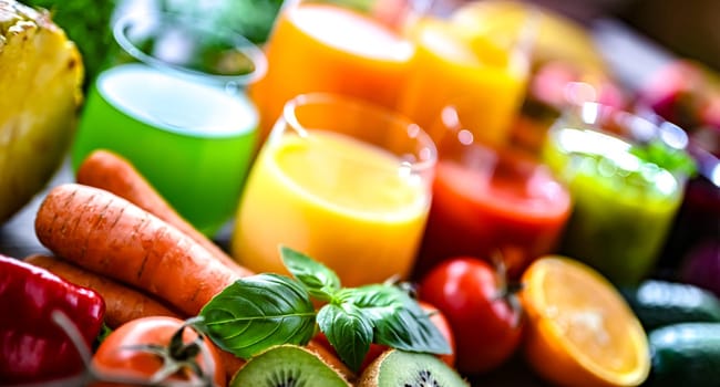 Glasses with fresh organic vegetable and fruit juices. Detox diet