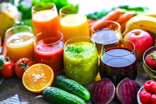 Glasses with fresh organic vegetable and fruit juices. Detox diet