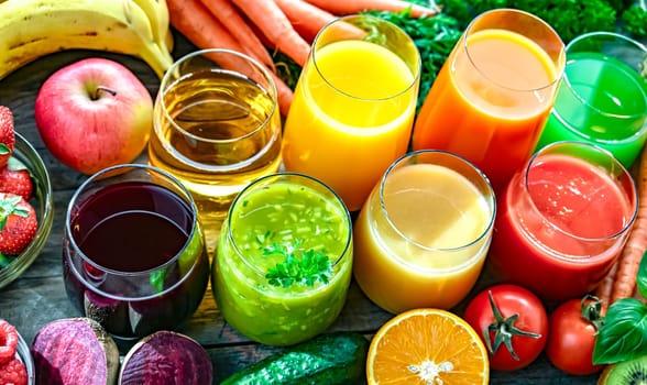 Glasses with fresh organic vegetable and fruit juices. Detox diet