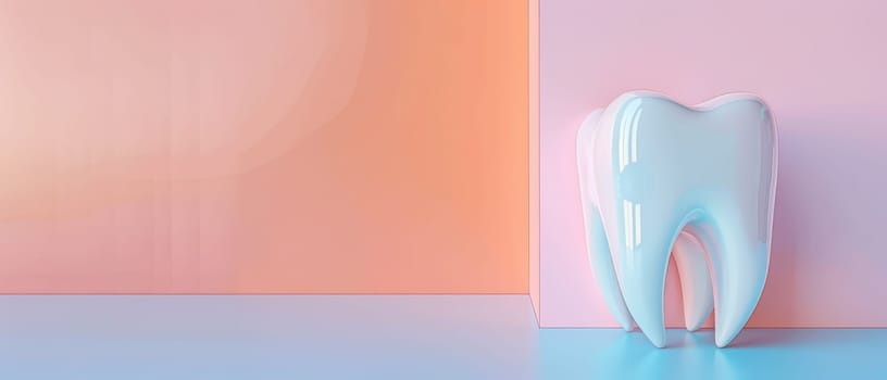 A large, white, glossy tooth model sits on a blue surface in front of a pink and orange wall.