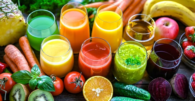 Glasses with fresh organic vegetable and fruit juices. Detox diet