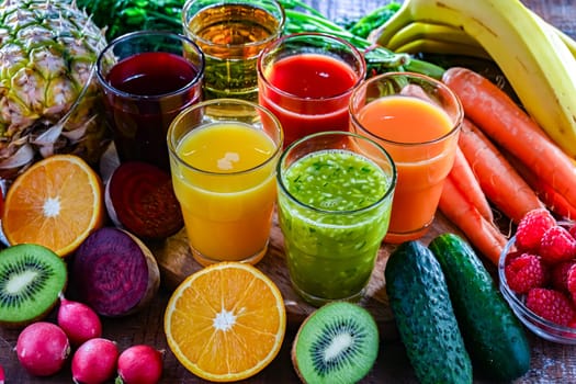 Glasses with fresh organic vegetable and fruit juices. Detox diet
