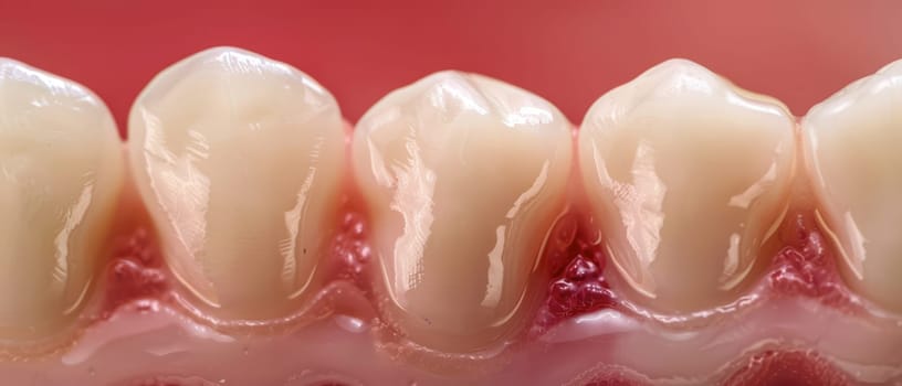 A close-up image showing four healthy white teeth with pink gums in between them. The teeth are glistening, and the gums are a soft pink color. The image focuses on the enamel of the teeth and the gum line, highlighting the overall health of the mouth.