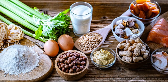 Composition with common food allergens including egg, milk, soya, nuts, fish, seafood, wheat flour, mustard, dried apricots and celery