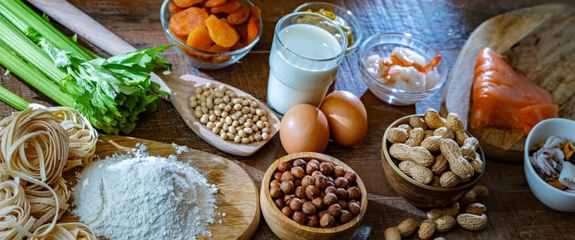 Composition with common food allergens including egg, milk, soya, nuts, fish, seafood, wheat flour, mustard, dried apricots and celery