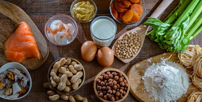 Composition with common food allergens including egg, milk, soya, nuts, fish, seafood, wheat flour, mustard, dried apricots and celery