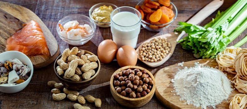 Composition with common food allergens including egg, milk, soya, nuts, fish, seafood, wheat flour, mustard, dried apricots and celery