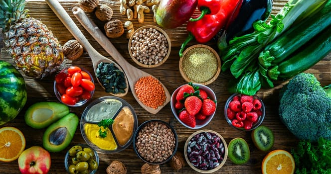 Food products representing the vegan diet. Veganism.