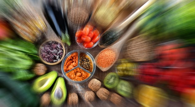 Food products representing the vegan diet. Veganism.
