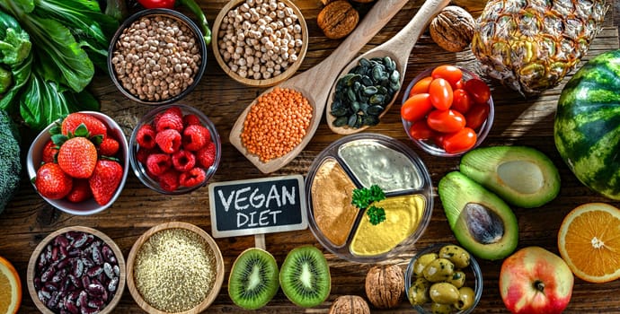 Food products representing the vegan diet. Veganism.