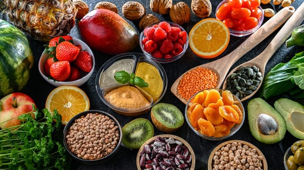 Food products representing the vegan diet. Veganism.