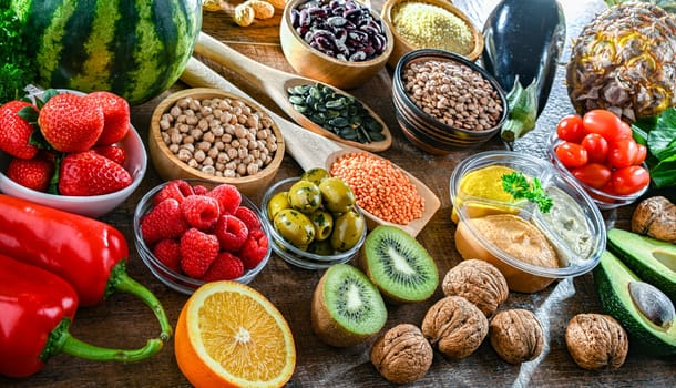 Food products representing the vegan diet. Veganism.