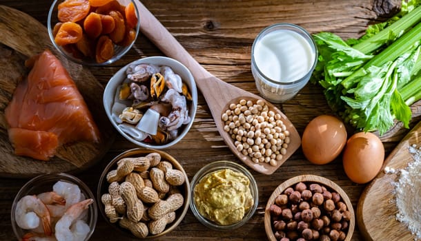 Composition with common food allergens including egg, milk, soya, nuts, fish, seafood, wheat flour, mustard, dried apricots and celery