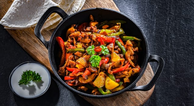 Fajita with stripped peppers and onions served on a hot iron skillet