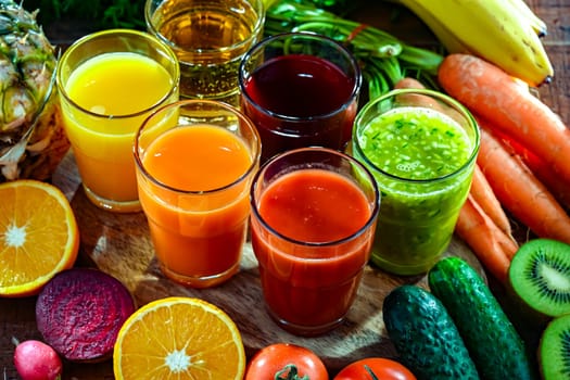 Glasses with fresh organic vegetable and fruit juices. Detox diet