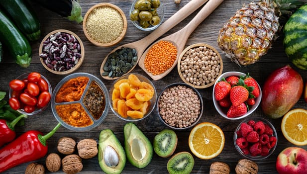 Food products representing the vegan diet. Veganism.