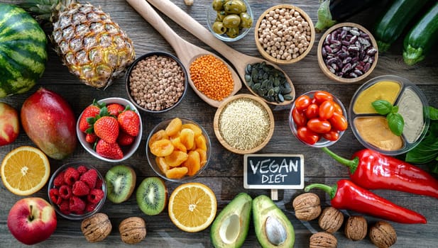 Food products representing the vegan diet. Veganism.
