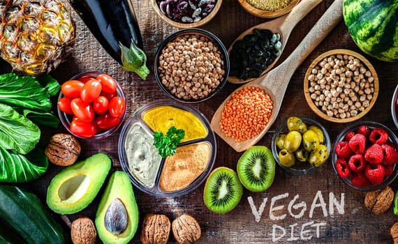 Food products representing the vegan diet. Veganism.