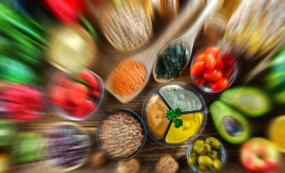 Food products representing the vegan diet. Veganism.