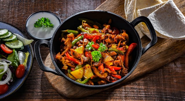 Fajita with stripped peppers and onions served on a hot iron skillet