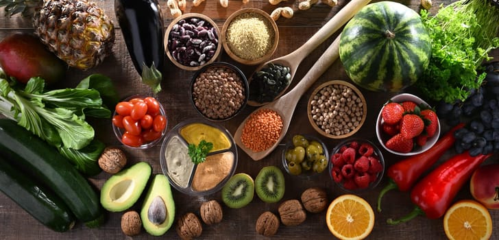 Food products representing the vegan diet. Veganism.