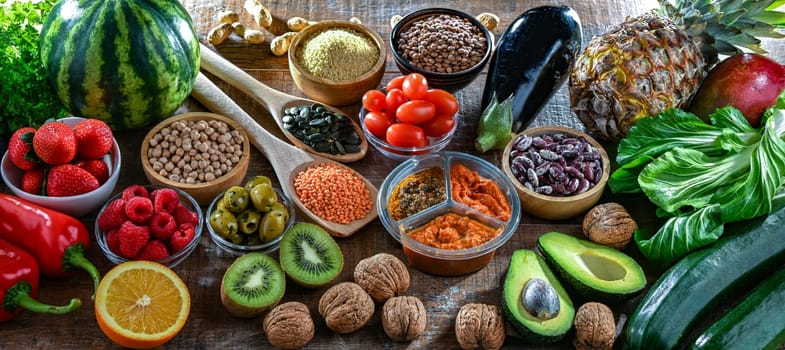 Food products representing the vegan diet. Veganism.