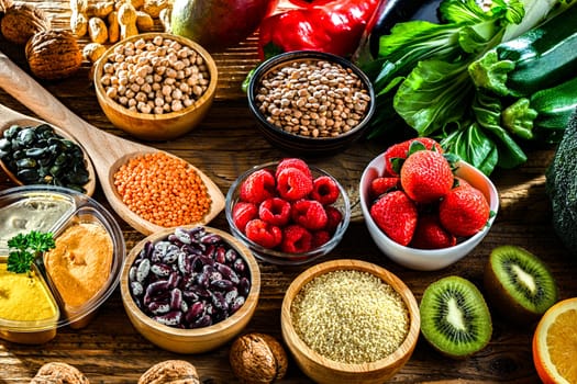 Food products representing the vegan diet. Veganism.