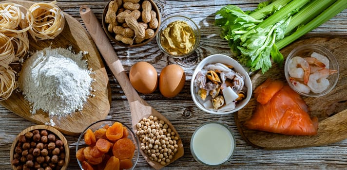 Composition with common food allergens including egg, milk, soya, nuts, fish, seafood, wheat flour, mustard, dried apricots and celery
