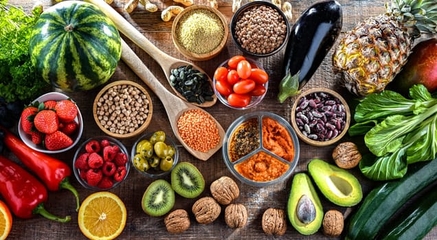 Food products representing the vegan diet. Veganism.