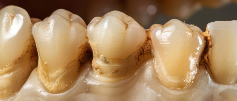 A close-up image of a human mouth, focusing on multiple molars with a significant amount of yellow plaque and tartar buildup visible in the crevices and gum line.