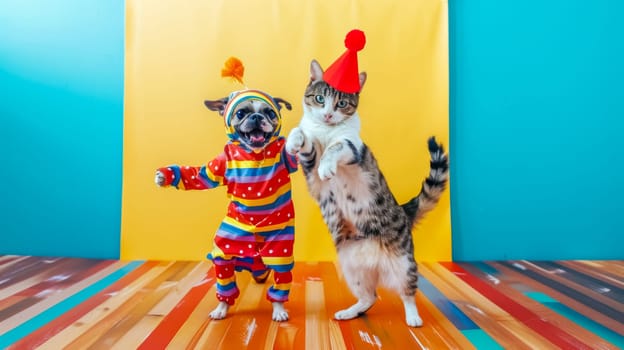 Dog and a cat in clown costumes pose playfully against a colorful background. Exuding joy and friendship. The pets bring humor and entertainment. Hinting at a celebration with a heartwarming touch