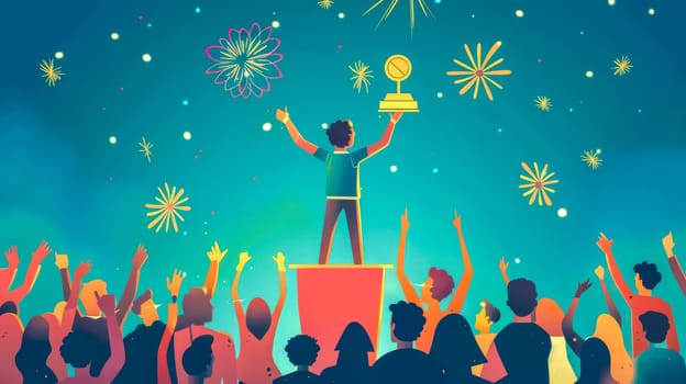 Businessman is raising a trophy above his head while standing on a podium with fireworks exploding in the background as a crowd cheers him on