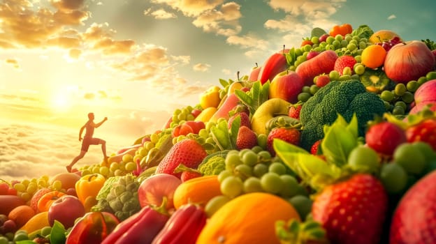 Man is running towards a healthy lifestyle symbolized by a mountain of fruits and vegetables. This conceptual image is about healthy eating, vitality and well-being