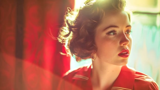 Young woman with a 1940s hairstyle and red lipstick poses elegantly in a room with red curtains, exuding glamour and confidence