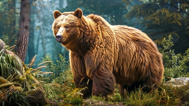 Large brown bear is standing in a lush green forest, surrounded by trees and vegetation. The bear is looking to the left of the frame