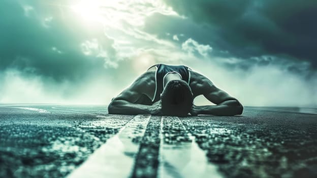 Athlete is lying face down on the road after a competition, showing exhaustion and disappointment under a dramatic sky