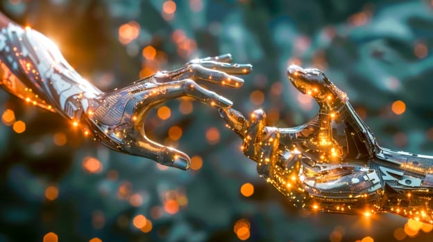Two robot hands almost touching fingers, symbolizing artificial intelligence and singularity concept with a blurred background and orange bokeh