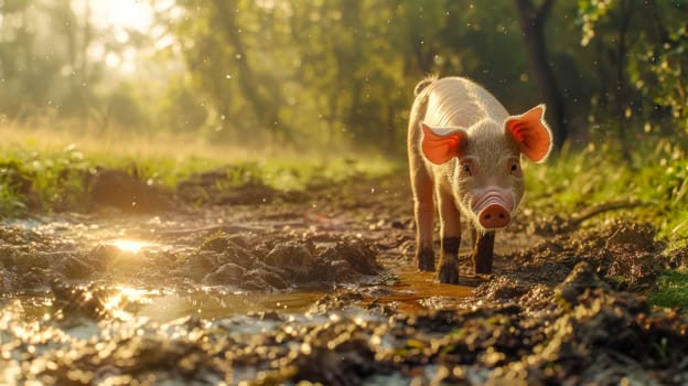 Young piglet is standing in a mud puddle on a farm, enjoying the warm sunshine filtering through the trees. The piglet is covered in mud and appears happy and content