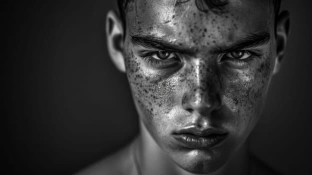 Black and white portrait of a young adult male with freckles looking directly at the camera with an intense, serious expression