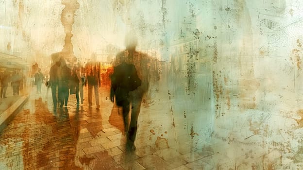 People are walking on a busy city street with a grunge, textured overlay in this illustration about urban life and society