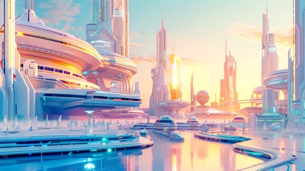 Futuristic cityscape reflecting the warm hues of the setting sun, featuring modern, sleek architecture and advanced transportation systems