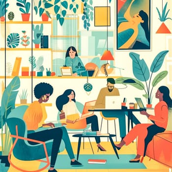 Group of young professionals are collaborating on a project, using laptops and enjoying the modern and bright shared office space