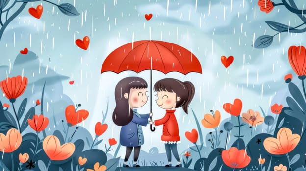 Two girls standing under an umbrella in the rain, surrounded by hearts and flowers, enjoying a romantic moment