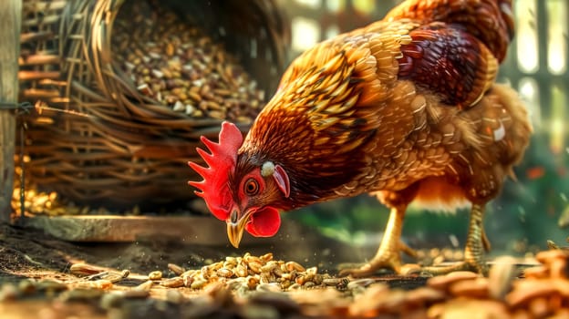 Red hen happily pecking at corn seeds in a farm setting, surrounded by a blurred wicker basket overflowing with corn