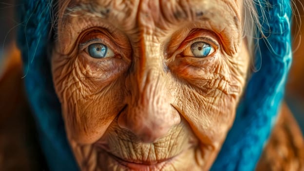 Close-up of a senior woman with striking blue eyes and a wrinkled face, conveying a sense of wisdom, resilience, and the beauty of aging