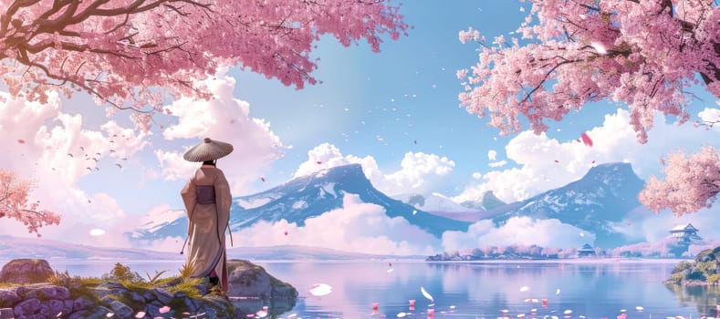 Geisha is admiring a beautiful landscape with snowy mountains over the lake and blooming sakura trees. Pink petals are floating in the air