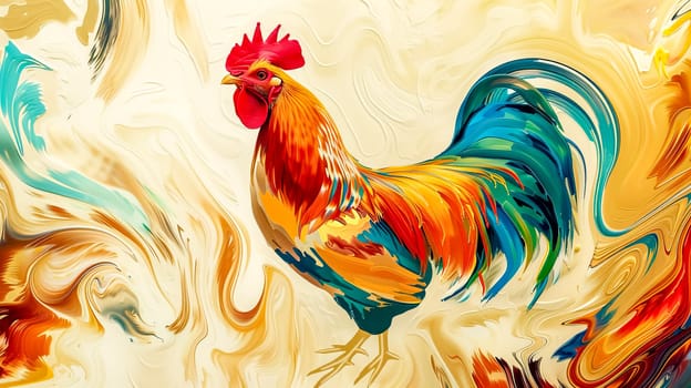 Rooster is standing in profile on a swirling, colorful abstract background. The rooster's plumage is vibrant and detailed